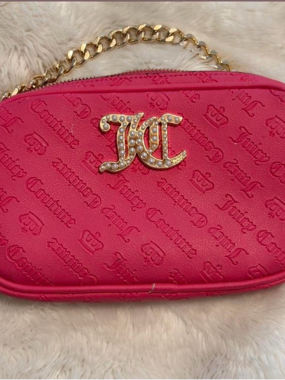 Juicy Couture Hot Pink Embossed Logo Mini Shoulder Bag with Gold Chain